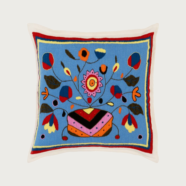 Blue Flora Hand Embroidered Cashmere Pillow