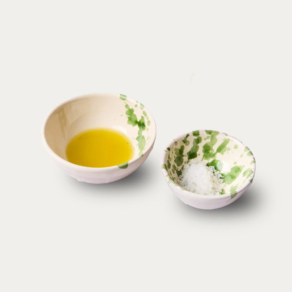 Montegranaro Green & White Splatterware Oil & Salt Dish Set