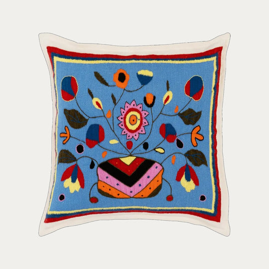 Blue Flora Hand Embroidered Cashmere Pillow