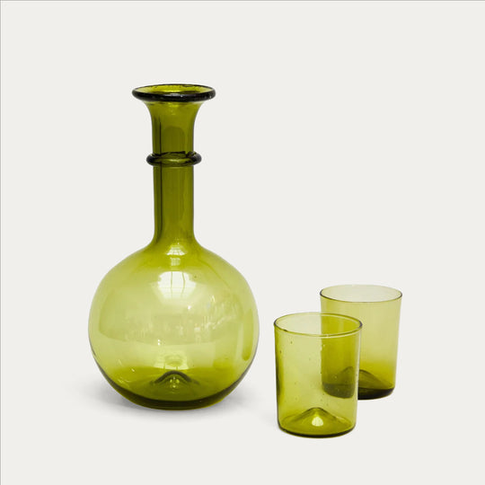 Pienza Round Decanter and Glassware Set - Olive Green