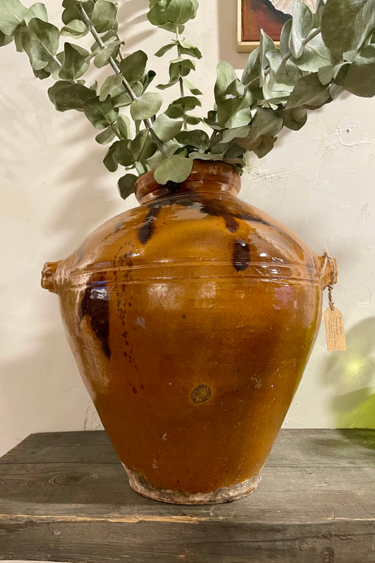 Handled Terra Cotta Jar with Amber Splatter