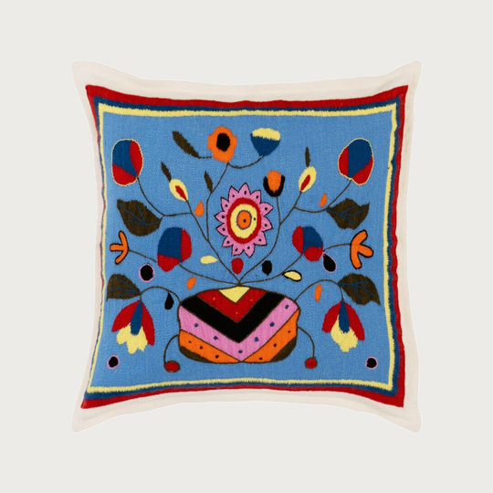 Blue Flora Hand Embroidered Cashmere Pillow