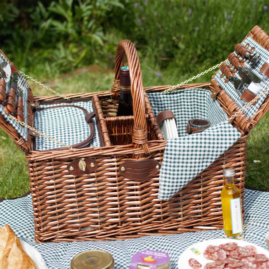 Picnic Basket, Green Gingham - 4 Person