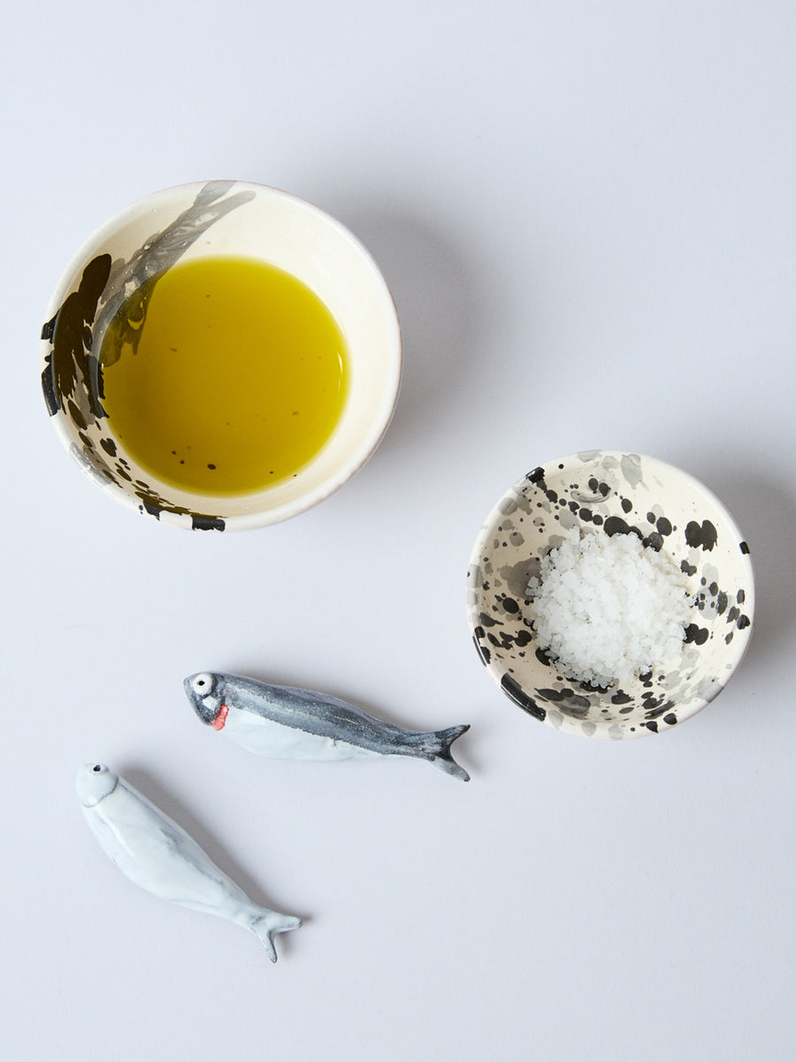 Montegranaro Black & White Splatterware Oil & Salt Dish Set